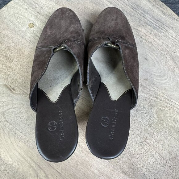 Cole‎ Haan Womens Brown Suede Wooden Mules Heels Clogs Studded Size 7 B - Picture 5 of 10